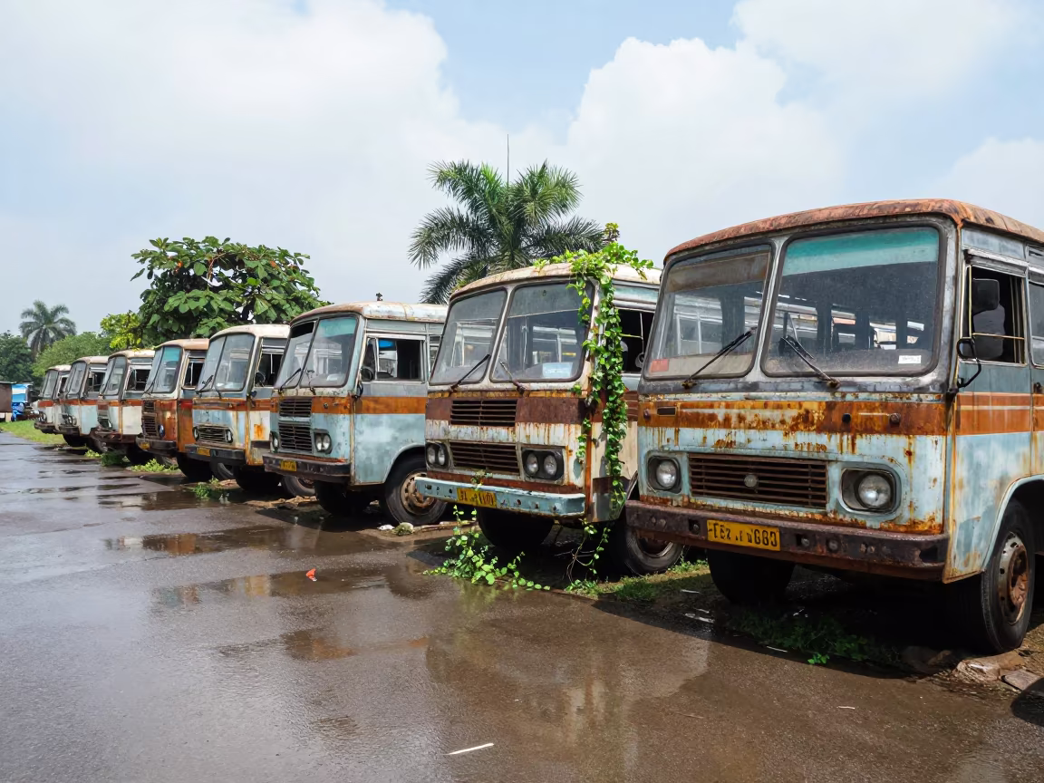 Rusted Double-Decker Buses in Udaipur Depot in across a remote ferry crossing near Udaipur