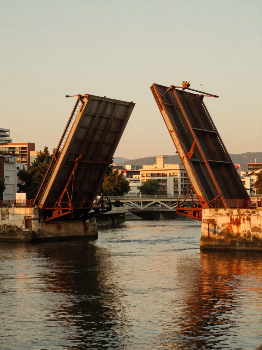 Rusted Drawbridge in Bilbao Evening Light with Fruit Basket and Fig Tree in in Bilbao, Spain