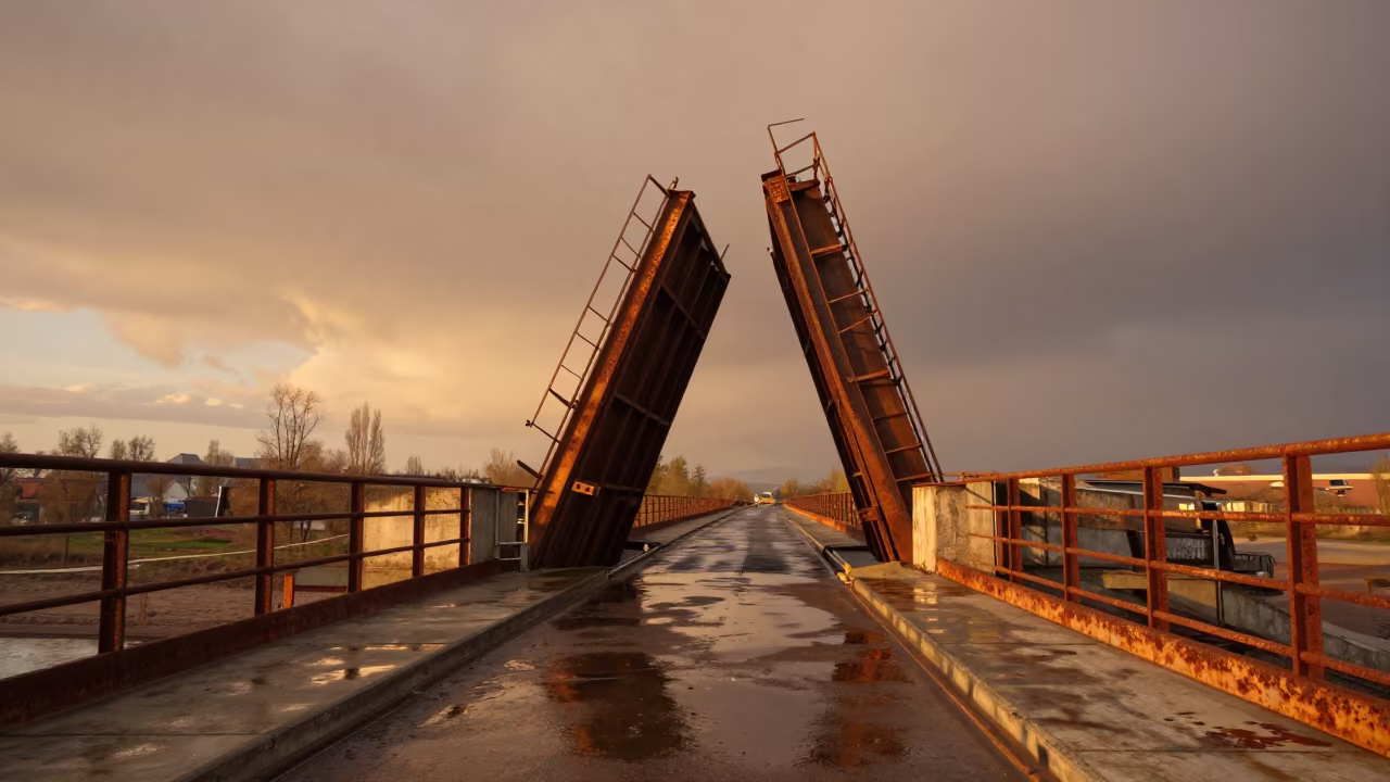 Rusted Drawbridge Raised in Amber Evening Light in along a bridge maintenance walkway in Ekibastuz