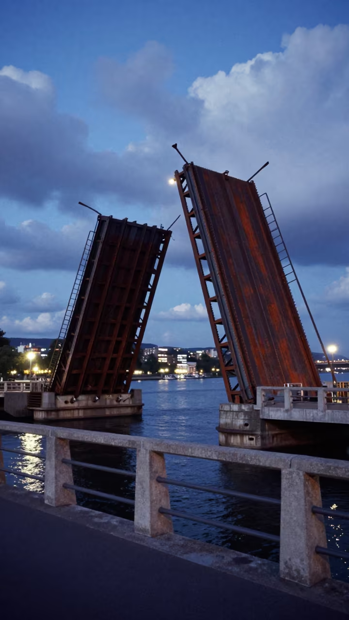 Rusted Drawbridge Raised Over Bonn Waterway at Dusk in along a bridge maintenance walkway near Bonn