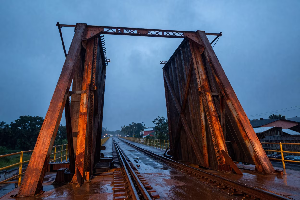 Rusted Drawbridge Raised in Ecuador Monsoon Twilight in beneath a bridge span in Ecuador