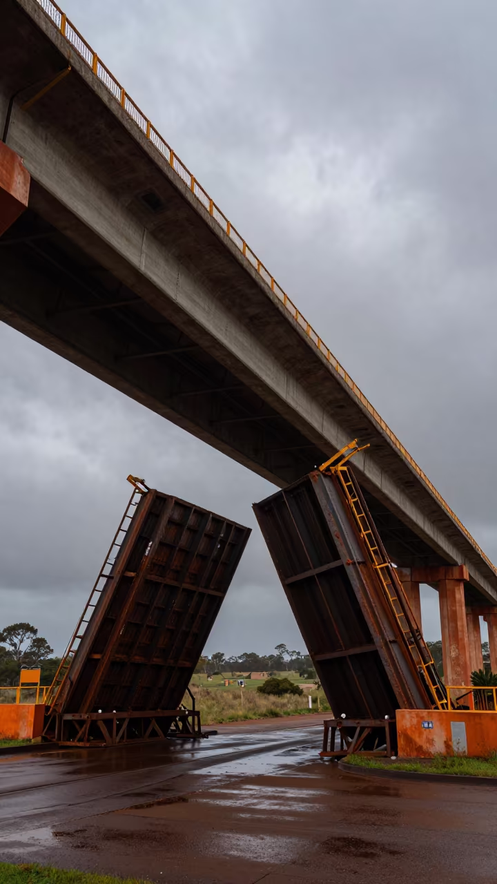 Rusted Drawbridge Raised Under Northern Territory Viaduct in under a viaduct of steel and concrete in Northern Territory