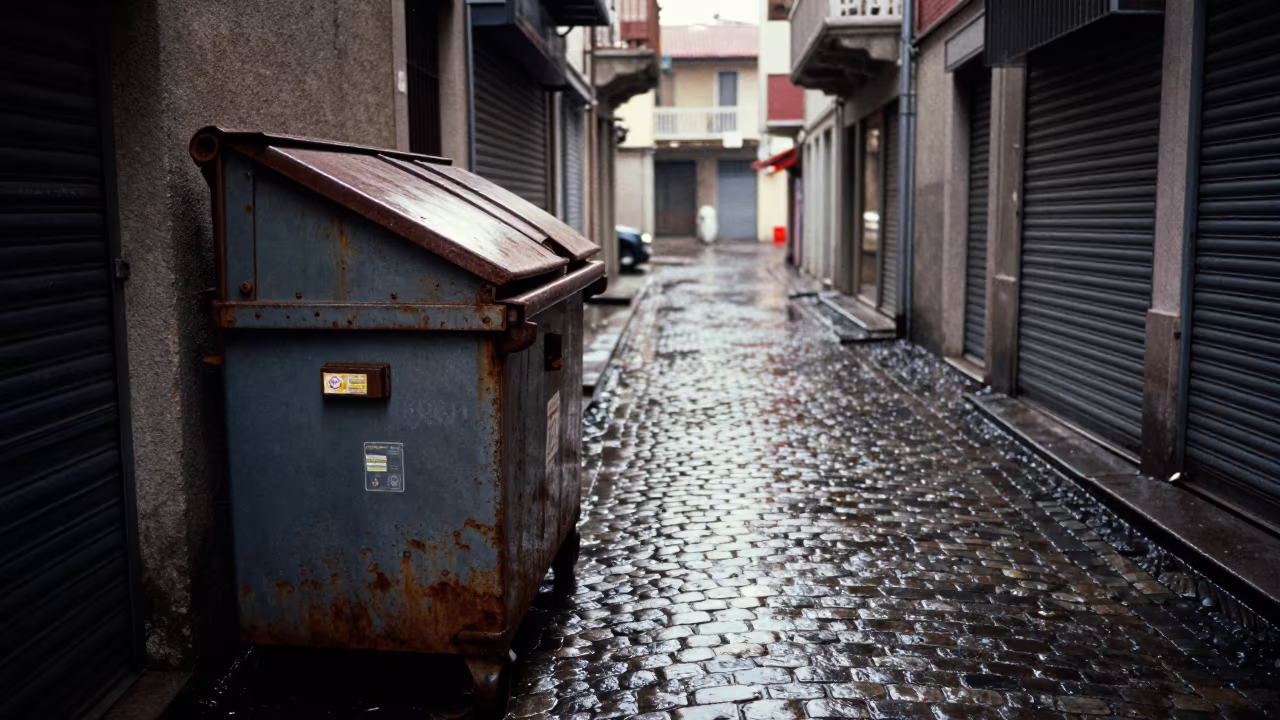 Rusted Dumpster Lid in Abanotubani Dawn in along a shuttered arcade in Abanotubani, Tbilisi