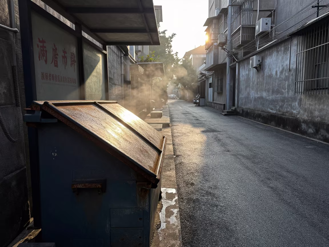 Rusted Dumpster Lid Open in Nanchang Alley Dawn in beside a steamed-up bus shelter in Nanchang