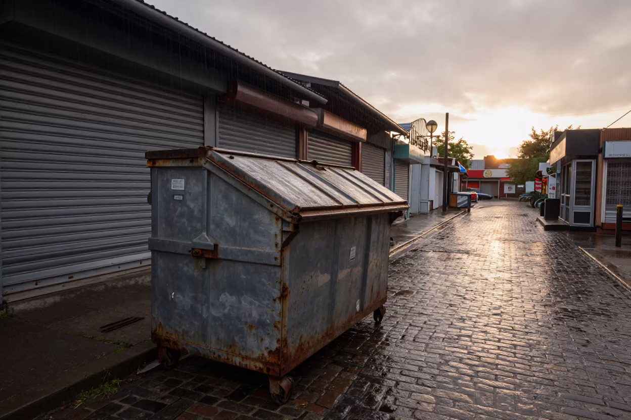 Rusted Dumpster Lid Open in Dawn Rain in along a shuttered arcade in Ibarra