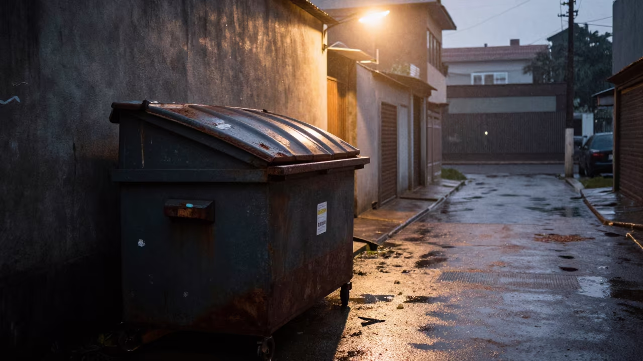 Rusted Dumpster Lid Open in Lubango Alley at Dawn in beneath a flickering underpass light in Lubango