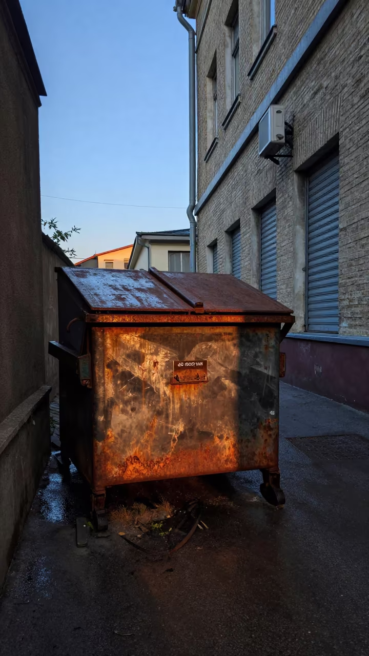 Rusted Dumpster Lid Open in Vladivostok Alley in along a shuttered arcade in Vladivostok