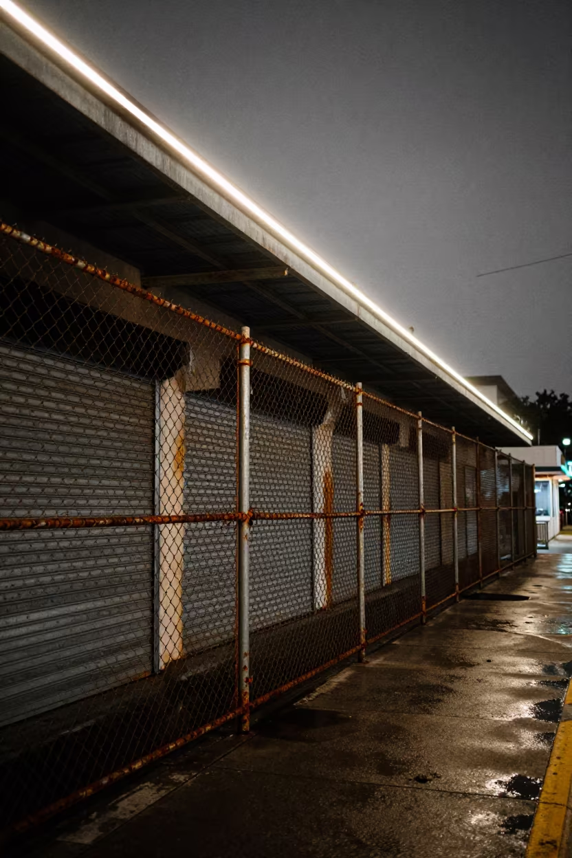 Rusted Fence in Overtown Miami Night Shadow in along a shuttered arcade in Overtown, Miami