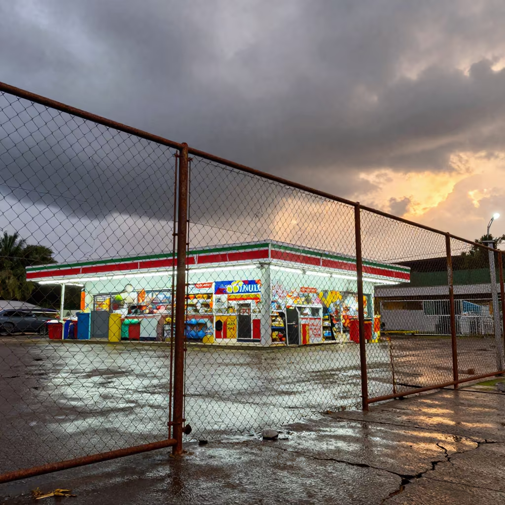 Rusted Fence Outside Port Moresby Store in outside a fluorescent convenience store in Port Moresby