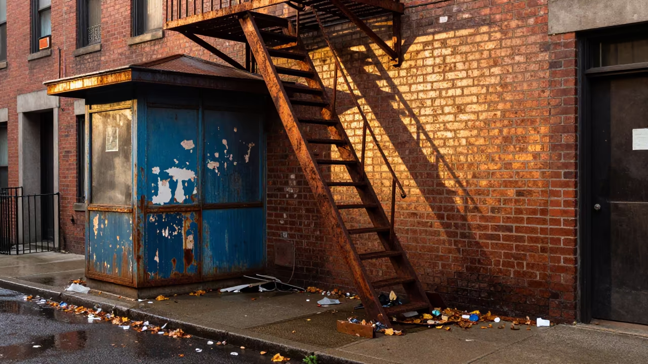 Rusted Fire Escape Over Rain-Darkened Kiosk in by a rain-darkened kiosk in Grand-Zattry