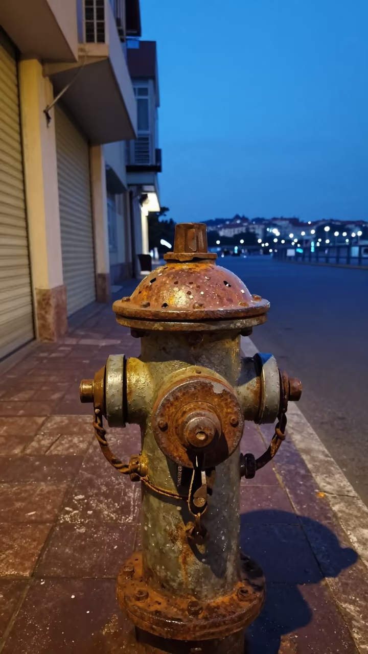 Rusted Fire Hydrant Qingdao Twilight Street in along a shuttered arcade in Qingdao