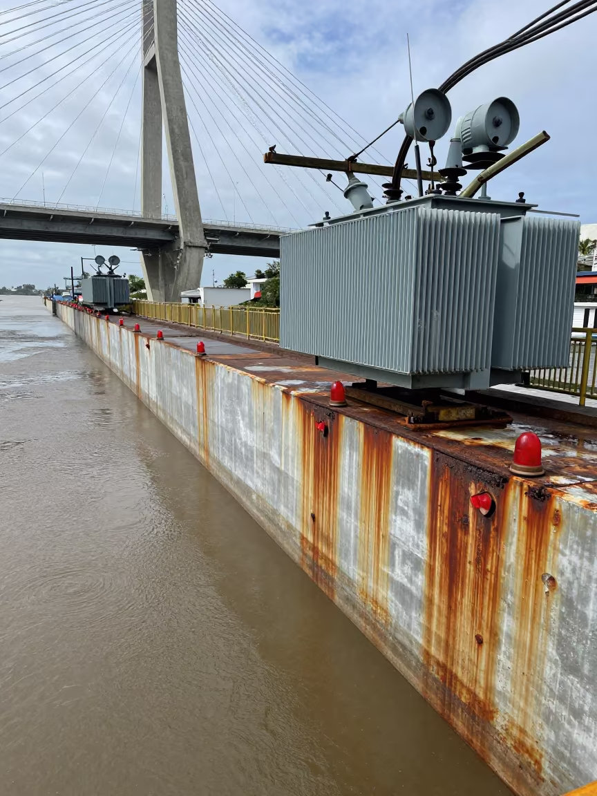 Rusted Flood Barrier Under Barranquilla Bridge in under a cable-stayed bridge span near Barranquilla