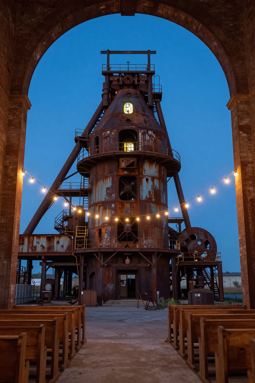 Rusted Furnace in Raleigh Chapel Stained Glass in in a chapel lit by stained glass in Raleigh