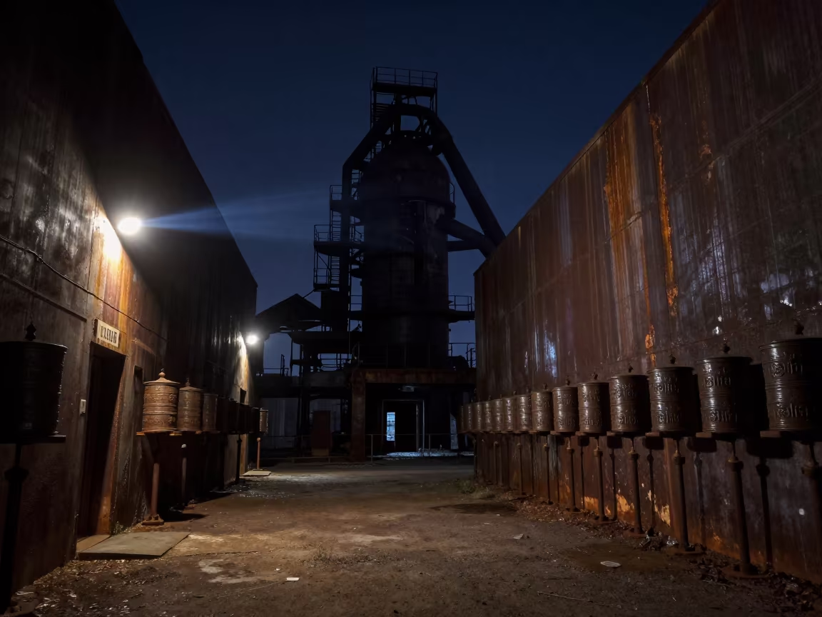 Rusted Furnace Silhouette in Suez Night in beside a prayer wheel corridor in Suez