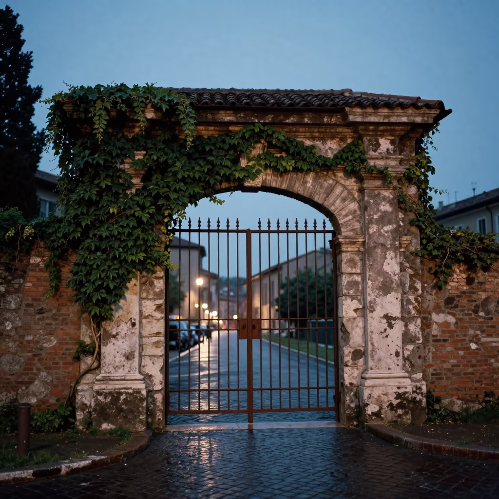 Rusted Gatehouse Ivy Ruin Prato Twilight in beside ivy-draped masonry near Prato