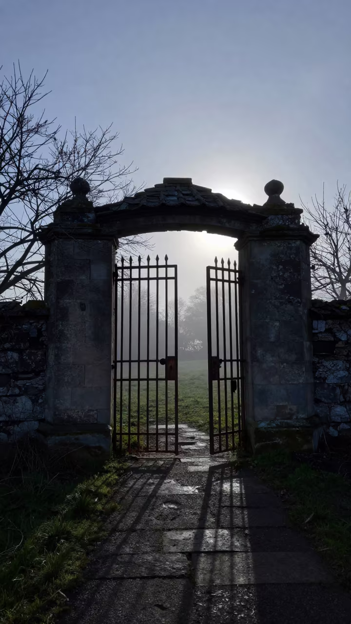 Rusted Gatehouse in Roofless Scottish Hammam at Midnight in inside a roofless hammam in Scotland