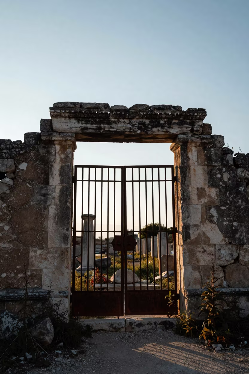 Rusted Gatehouse Silhouette Among Greek Ruins in among toppled columns and nettles in the Greek Islands
