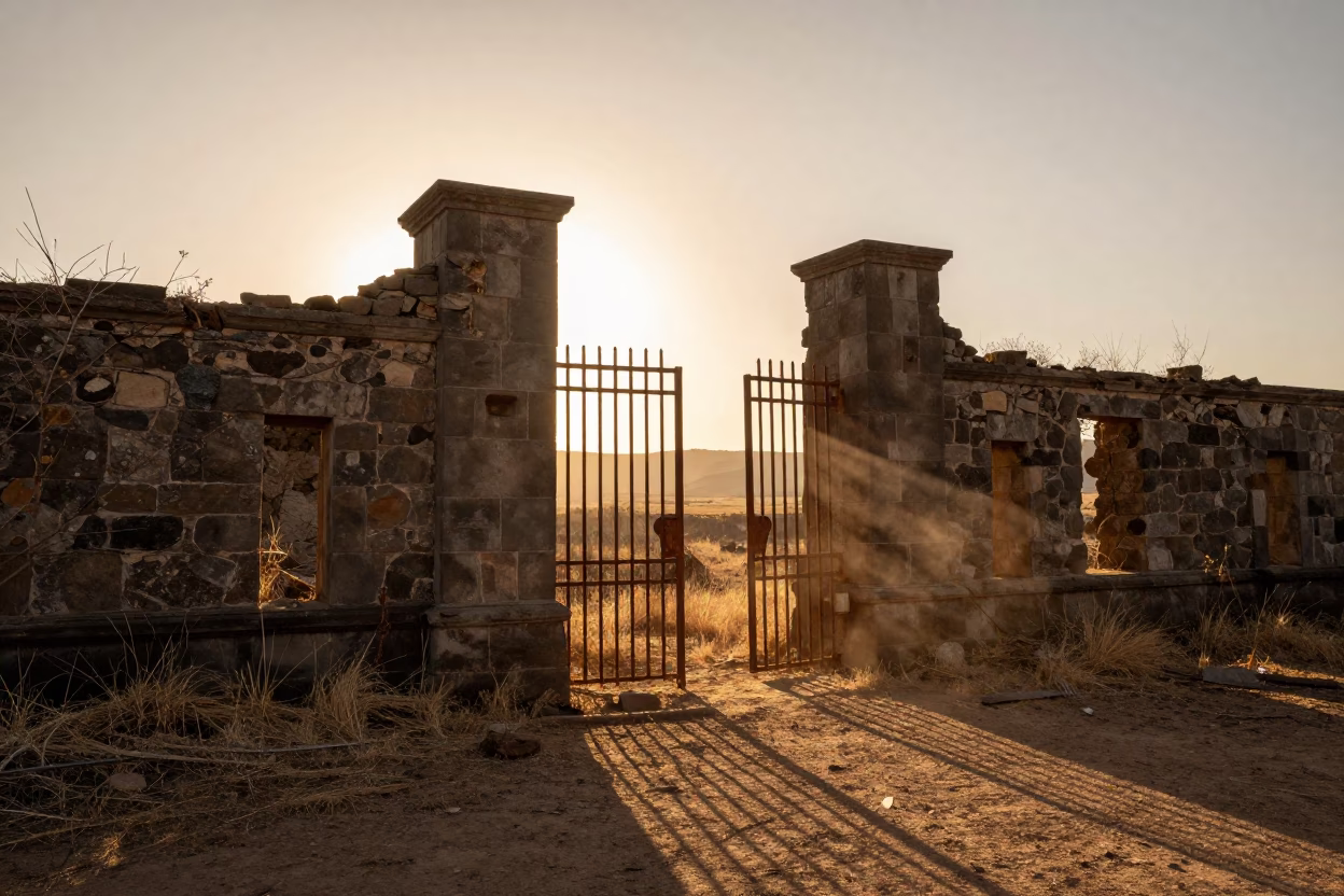 Rusted Gatehouse Amid Winter Ruins in among collapsed cloisters in Lesotho