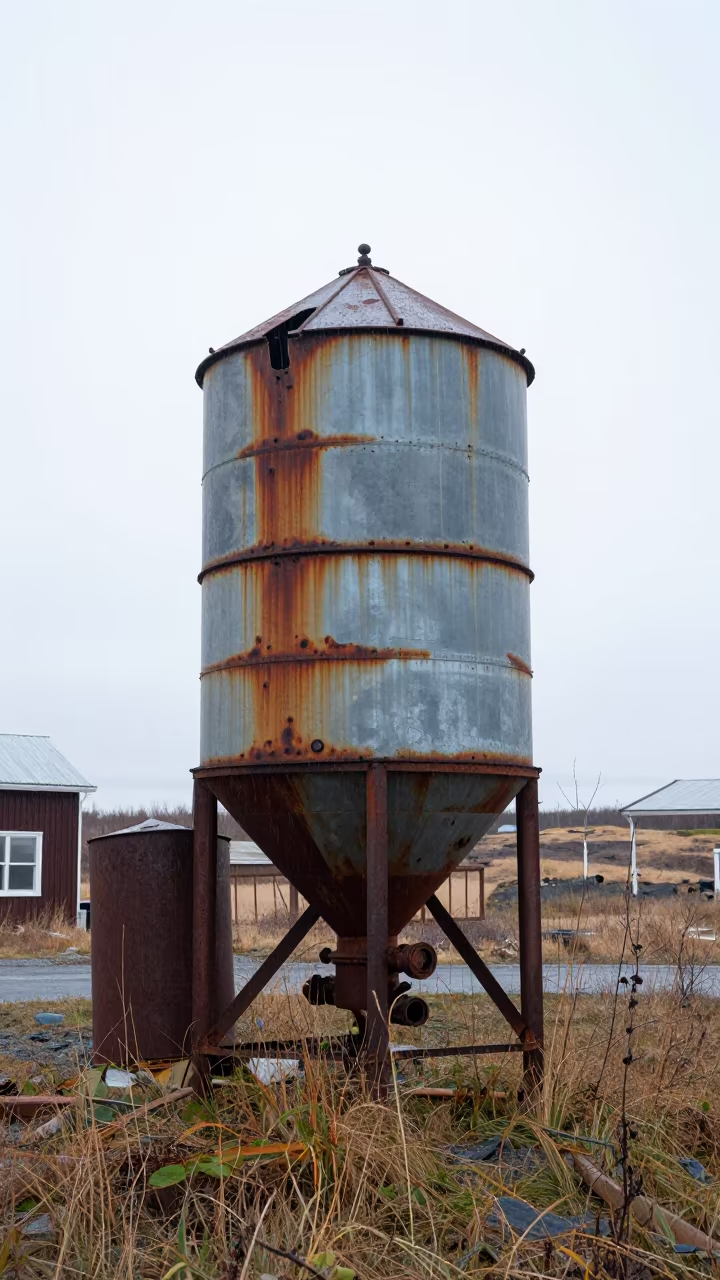 Rusted Grain Dryer in Alaskan Grass Courtyard in through a courtyard reclaimed by grasses in Alaska