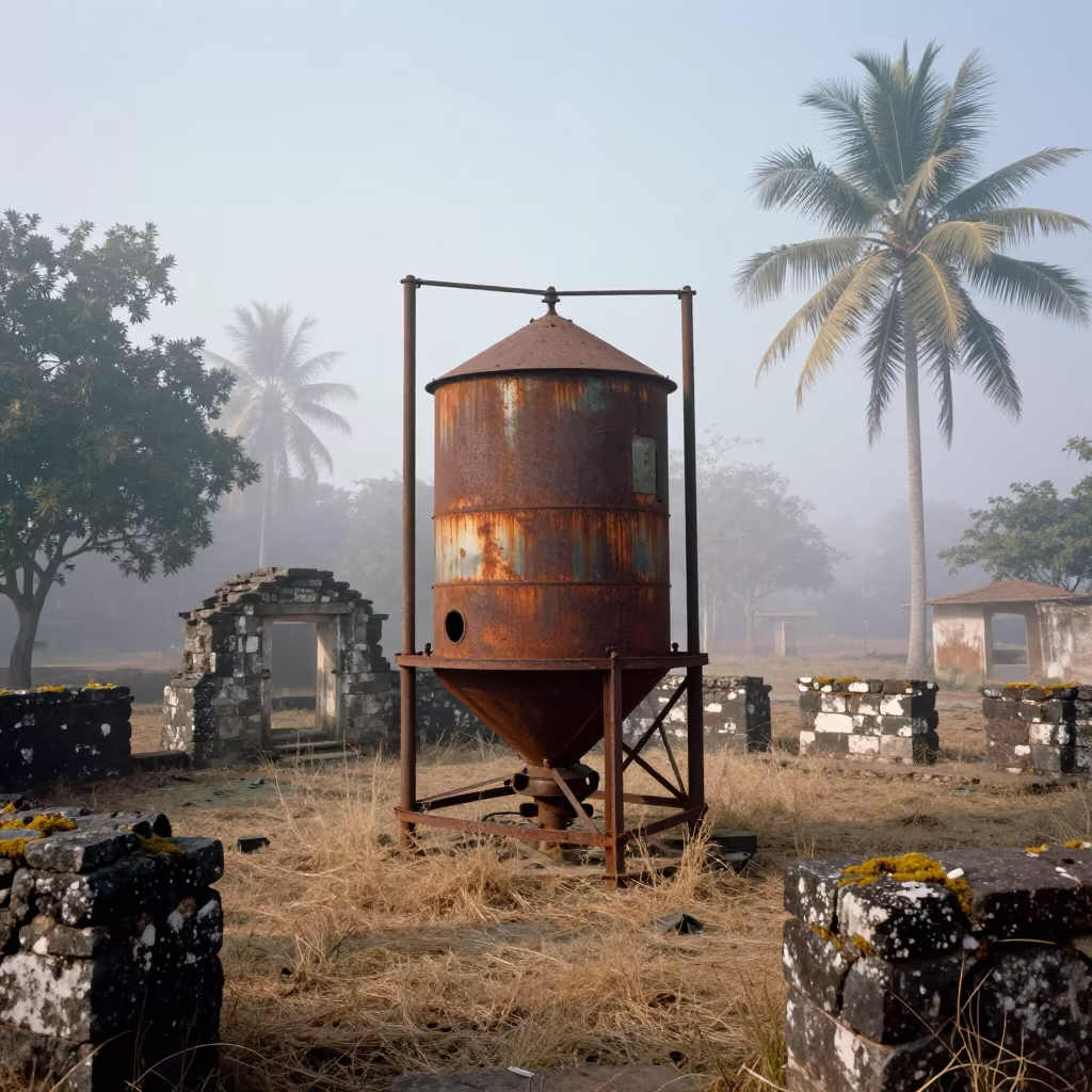 Rusted Grain Dryer in Misty Kandhkot Court in through an abandoned ceremonial court near Kandhkot