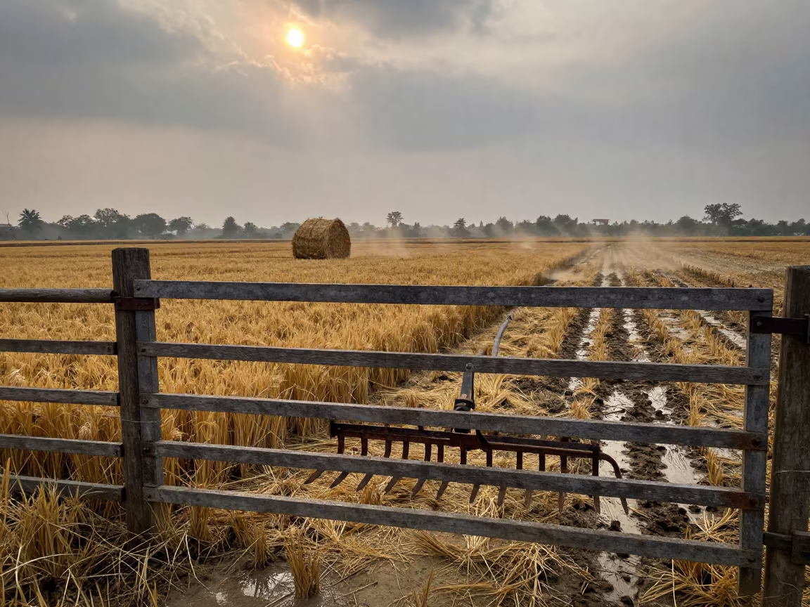 Rusted Hay Rake on Gate in Winter Field in across a harvested grain field in Gulshan, Dhaka
