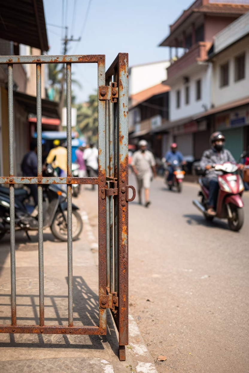 Rusted Hinge and Busy Street Corner in Kochi India Under Noon Sun in in Kochi, India