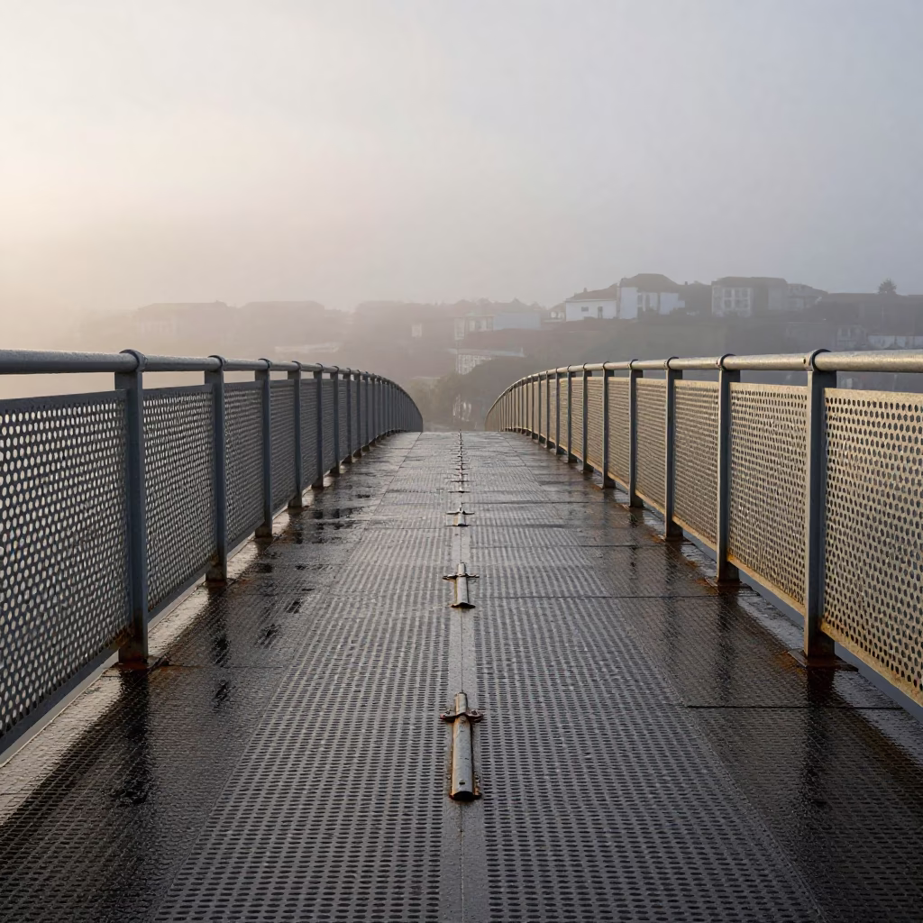 Rusted Hinge and Wet Footsteps on Porto Pedestrian Overpass at Nautical Dawn in in Porto, Portugal