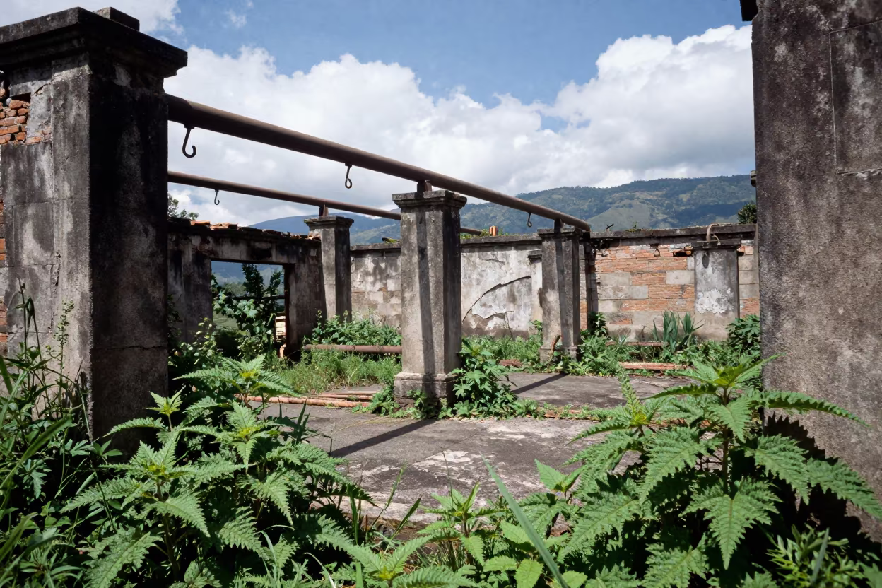 Rusted Industrial Bathhouse Amidst Medellin Ruins in among toppled columns and nettles near Jardin Botanico, Medellin