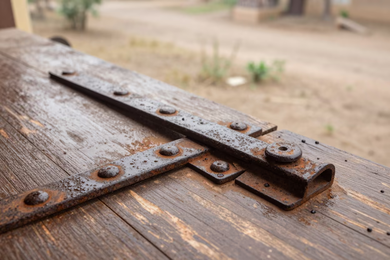 Rusted Iron Hinge on Weathered Plank Near Jaipur in near Jaipur