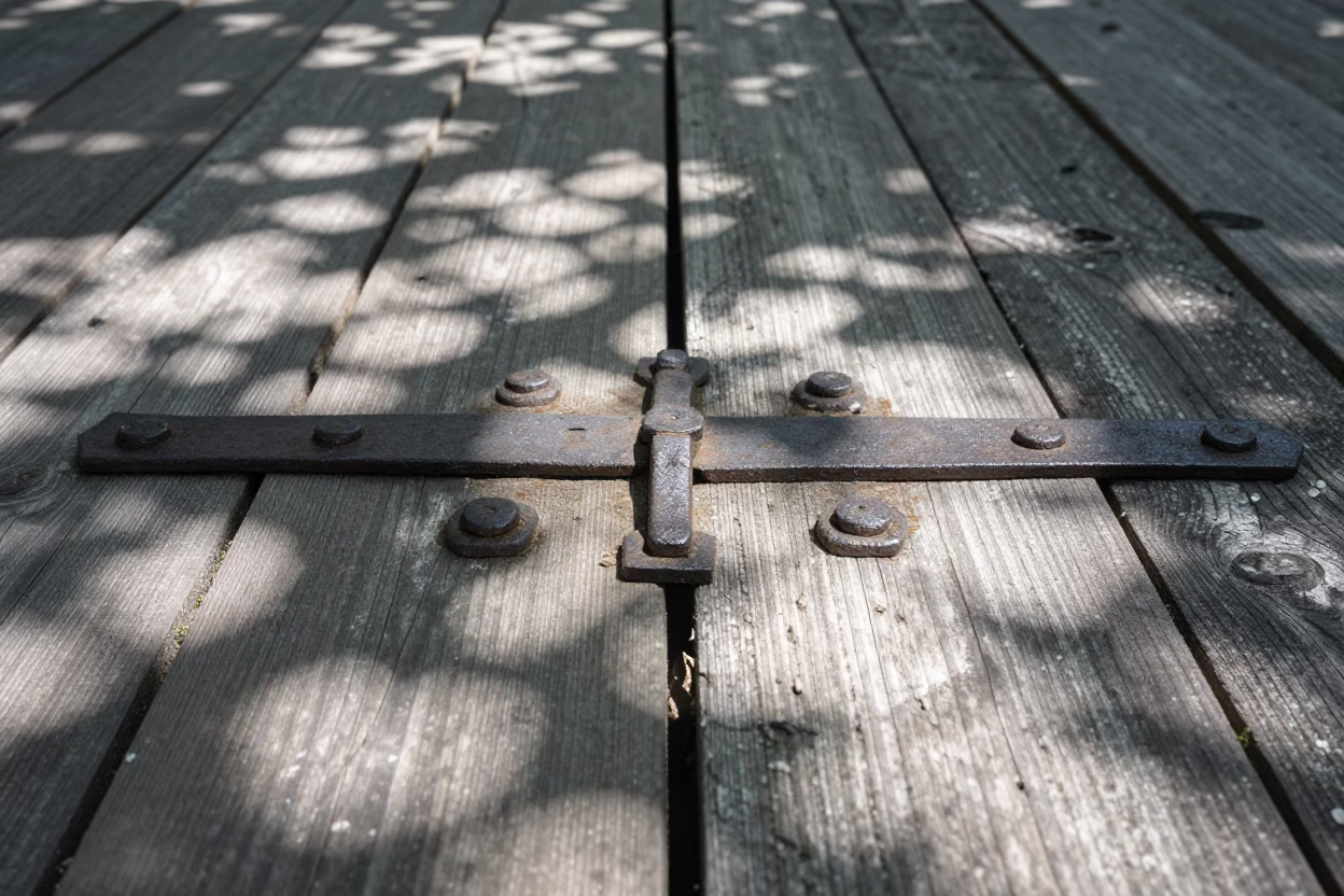 Rusted Iron Hinge on Weathered Plank in NYC in in New York