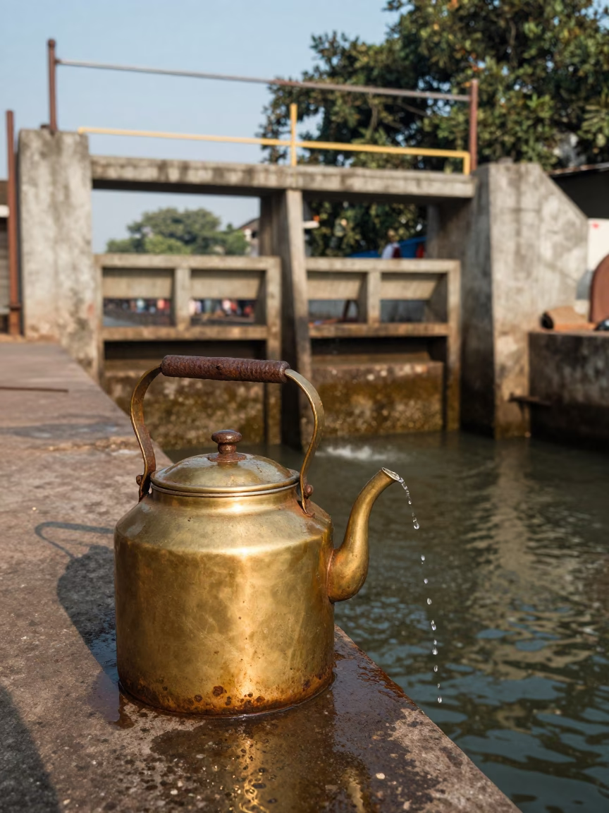 Rusted Kettle Lid and Dripping Sluice Gate in Kolkata Late Afternoon in in Kolkata, India