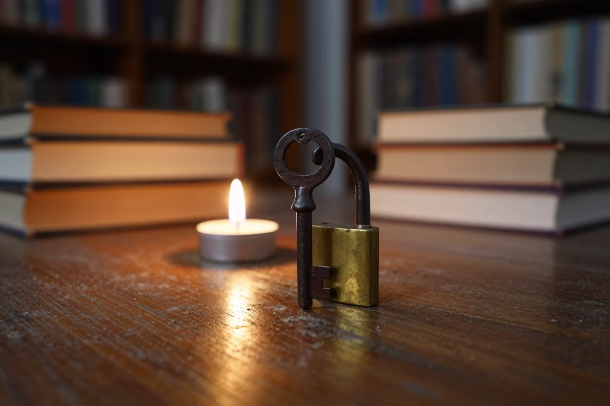 Rusted Key in Lock on Library Table in on a dusty library table near Lahore