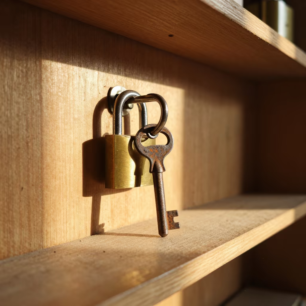 Rusted Key in Workshop Lock Golden Hour in on a workshop shelf in Gurgaon