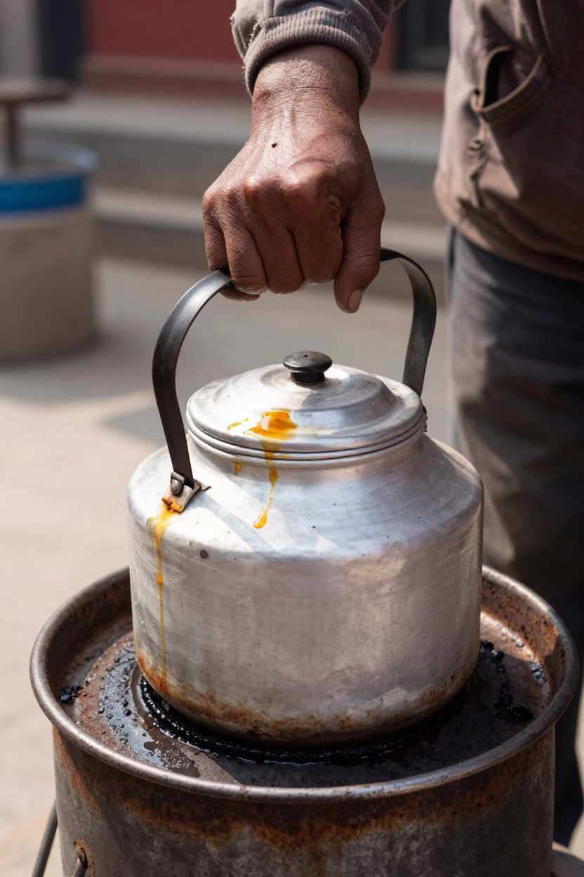 Rusted metal rim and grease sheen on kettle lid in Kathmandu Nepal midmorning light in in Kathmandu, Nepal