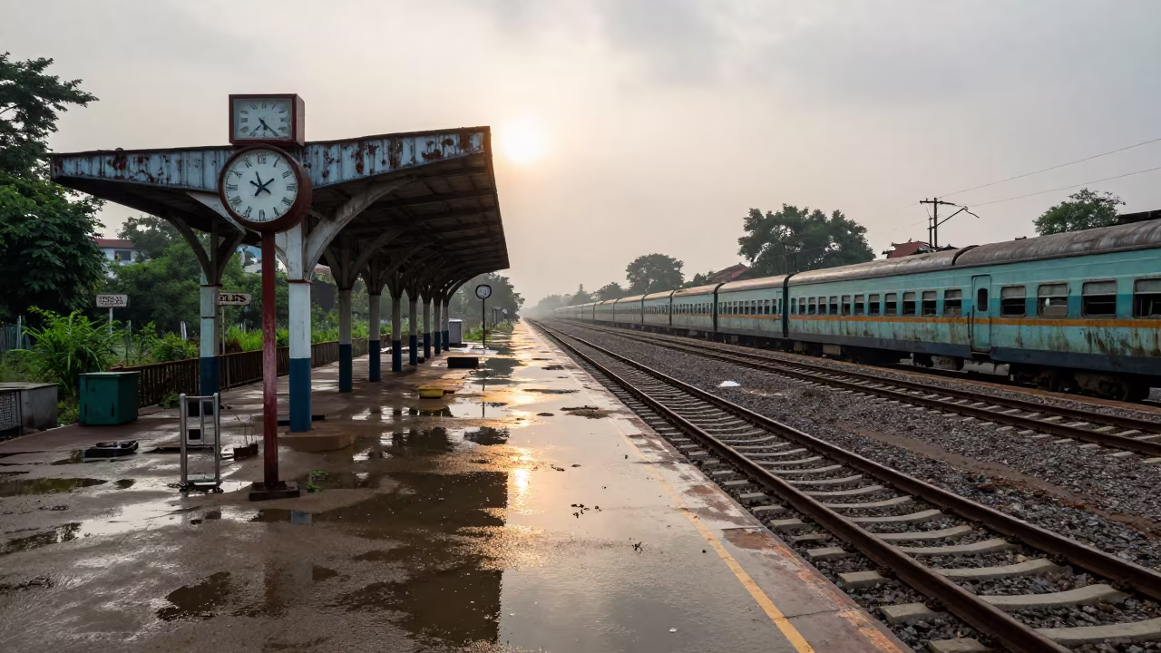Rusted Monsoon Tracks on Delhi Causeway in on a wind-open causeway near Delhi