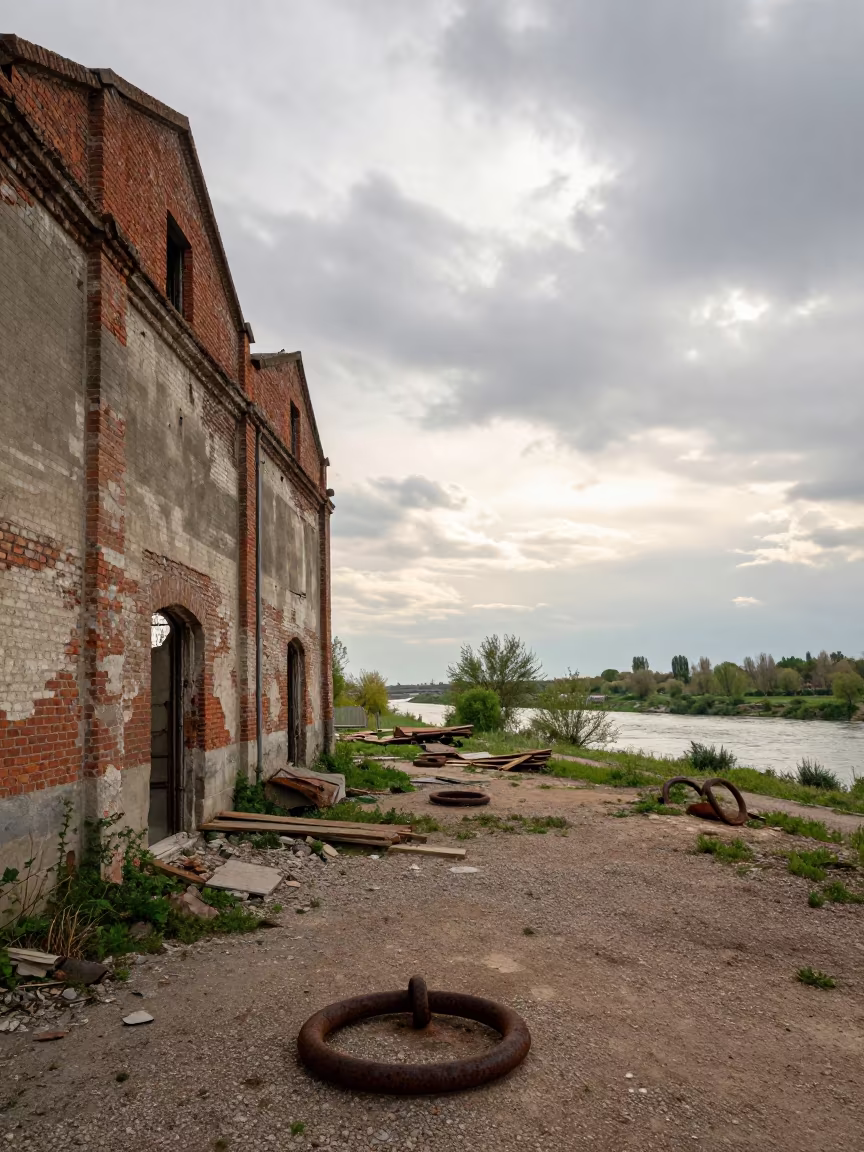 Rusted Mooring Rings on Riverside Warehouse Ruin in in a turbine hall near Terrassa