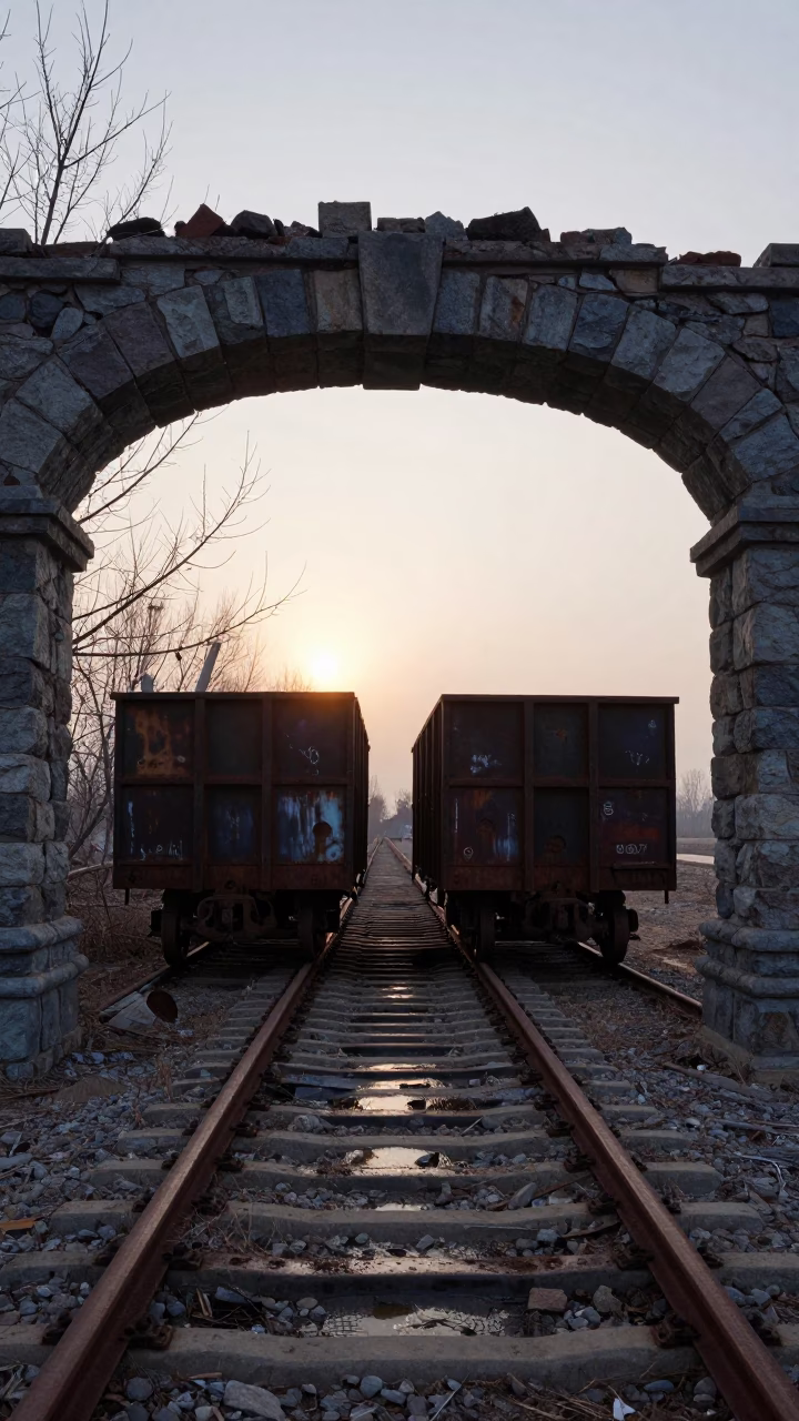Rusted Ore Carts Under Stone Arch in Shandong Dawn in beneath a broken stone arch in Shandong