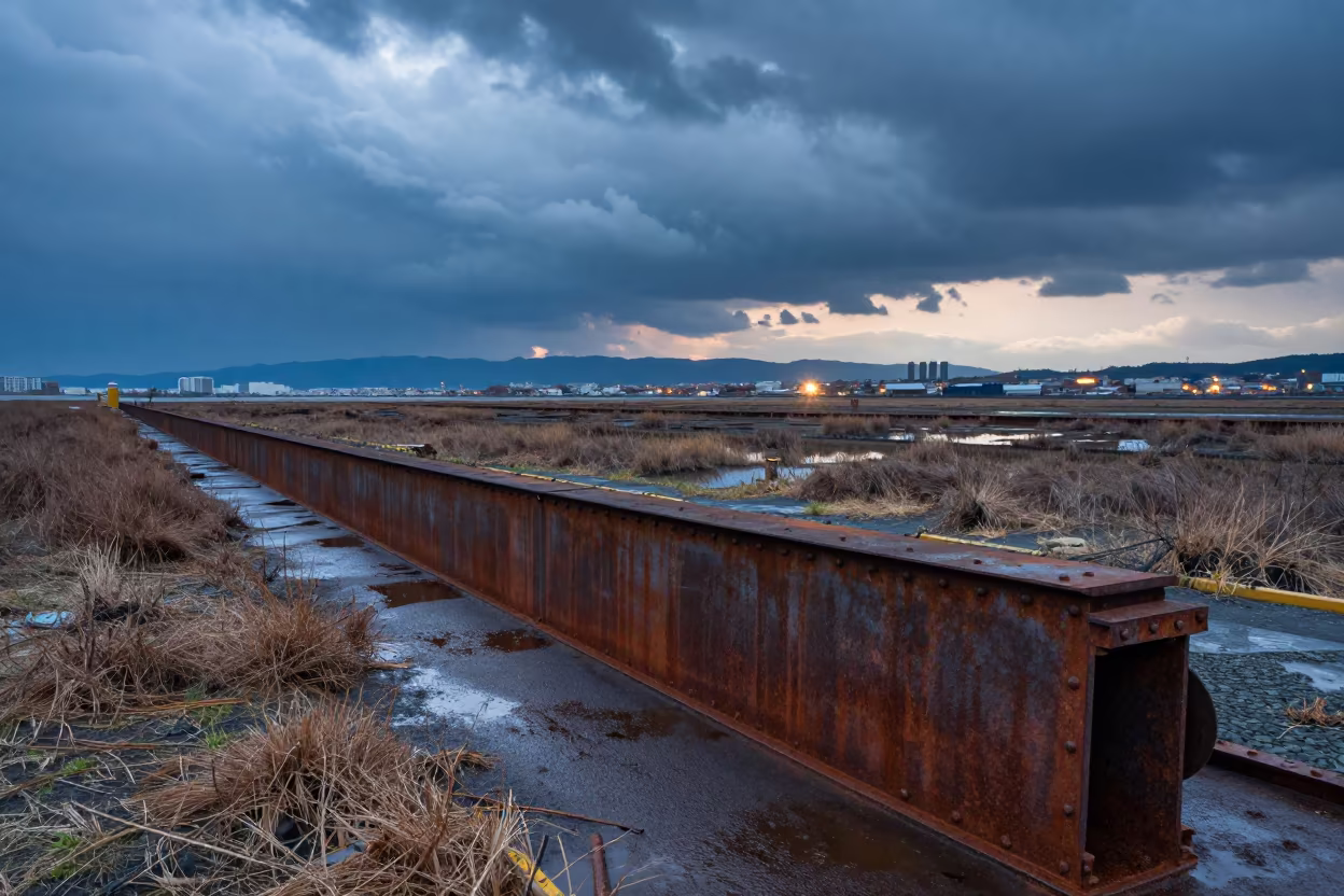 Rusted Ore Dock Over Osaka Floodplain Blue Hour in across a floodplain after rain near Osaka