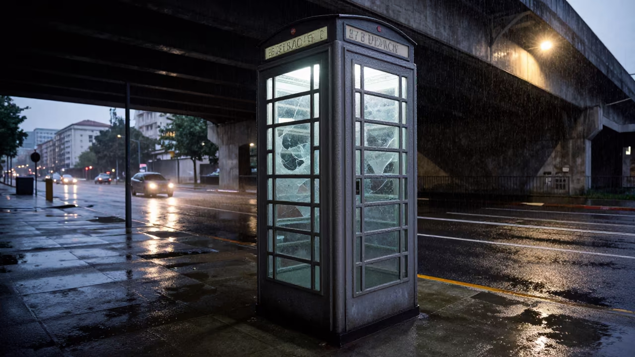 Rusted Phone Booth Under Flickering Oviedo Light in beneath a flickering underpass light in Oviedo