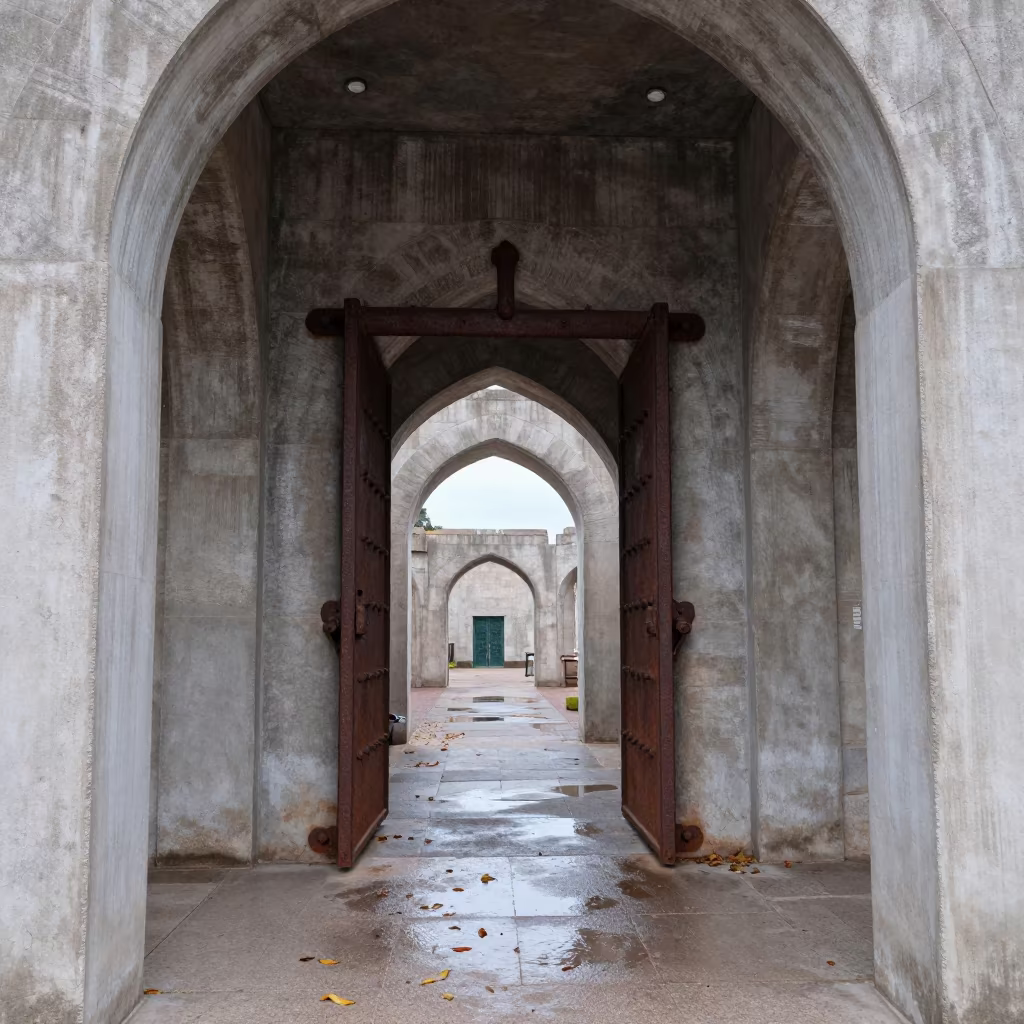 Rusted Portcullis in Ar Ramtha Concrete Lobby in inside a ribbed concrete lobby in Ar Ramtha