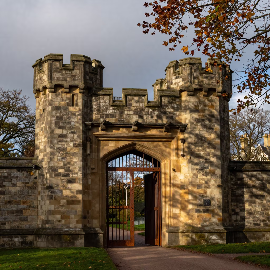 Rusted Portcullis in Dappled Late Autumn Light in inside a skylit passageway near Bradford