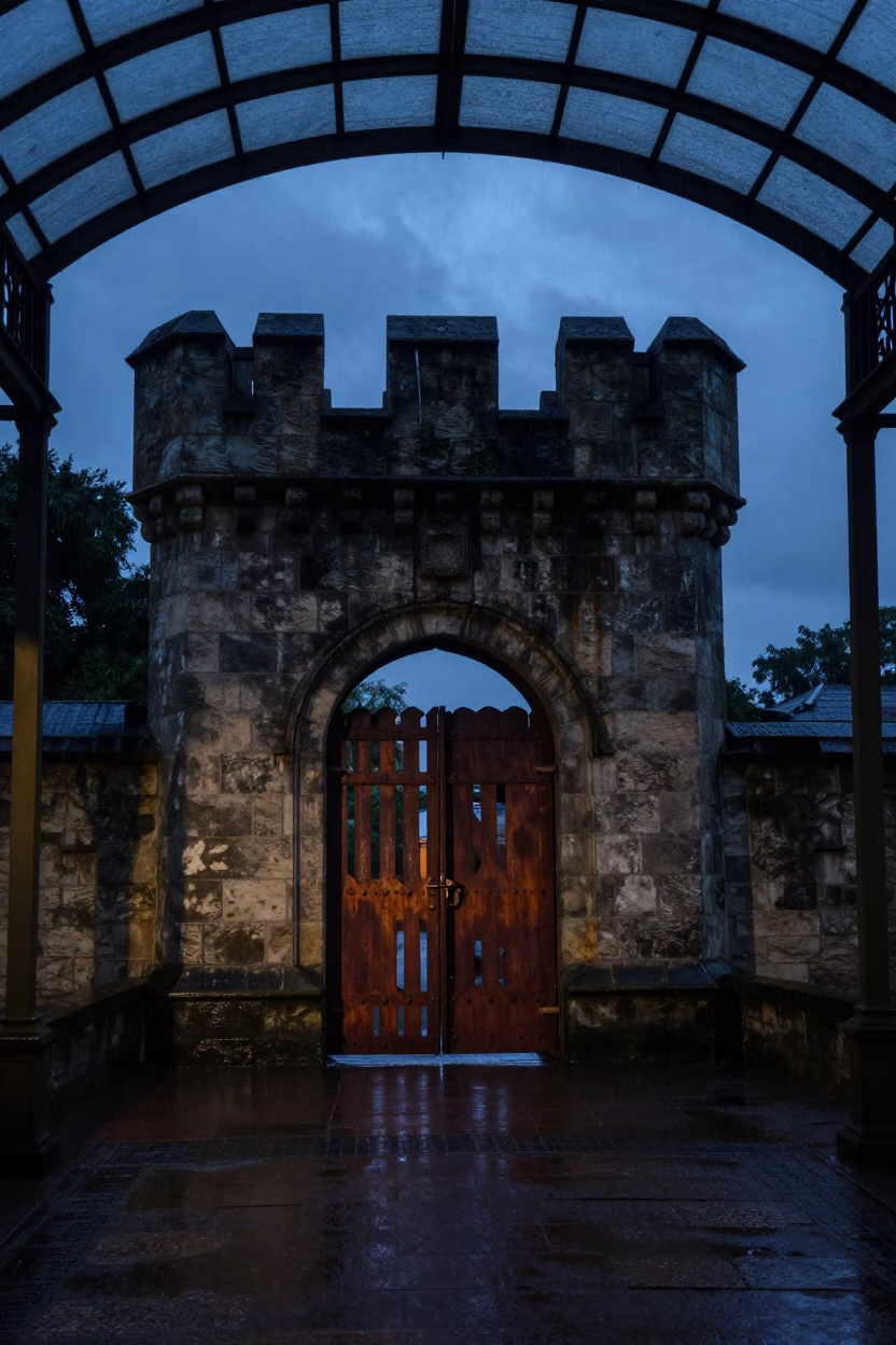 Rusted Portcullis Gatehouse in Lome Arcade in inside a glass-roofed arcade in Lome