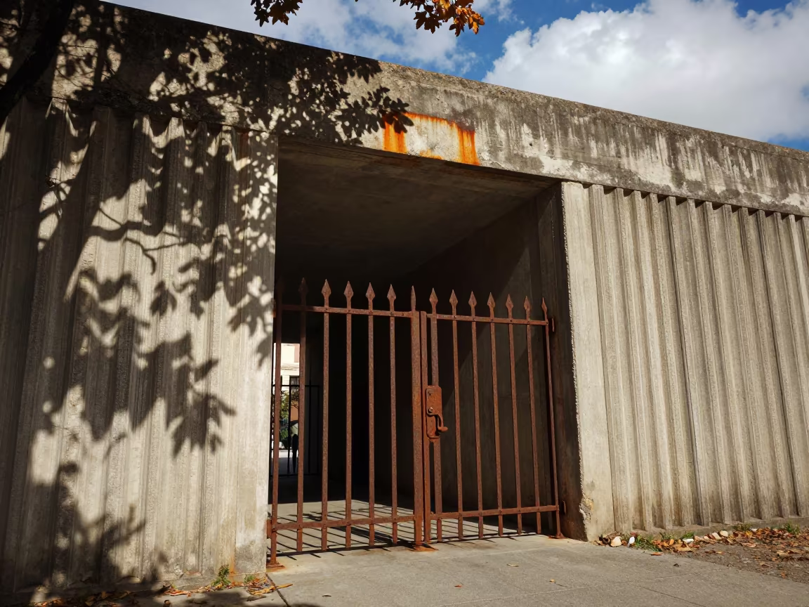 Rusted Portcullis in Palermo Concrete Lobby in inside a ribbed concrete lobby in Palermo
