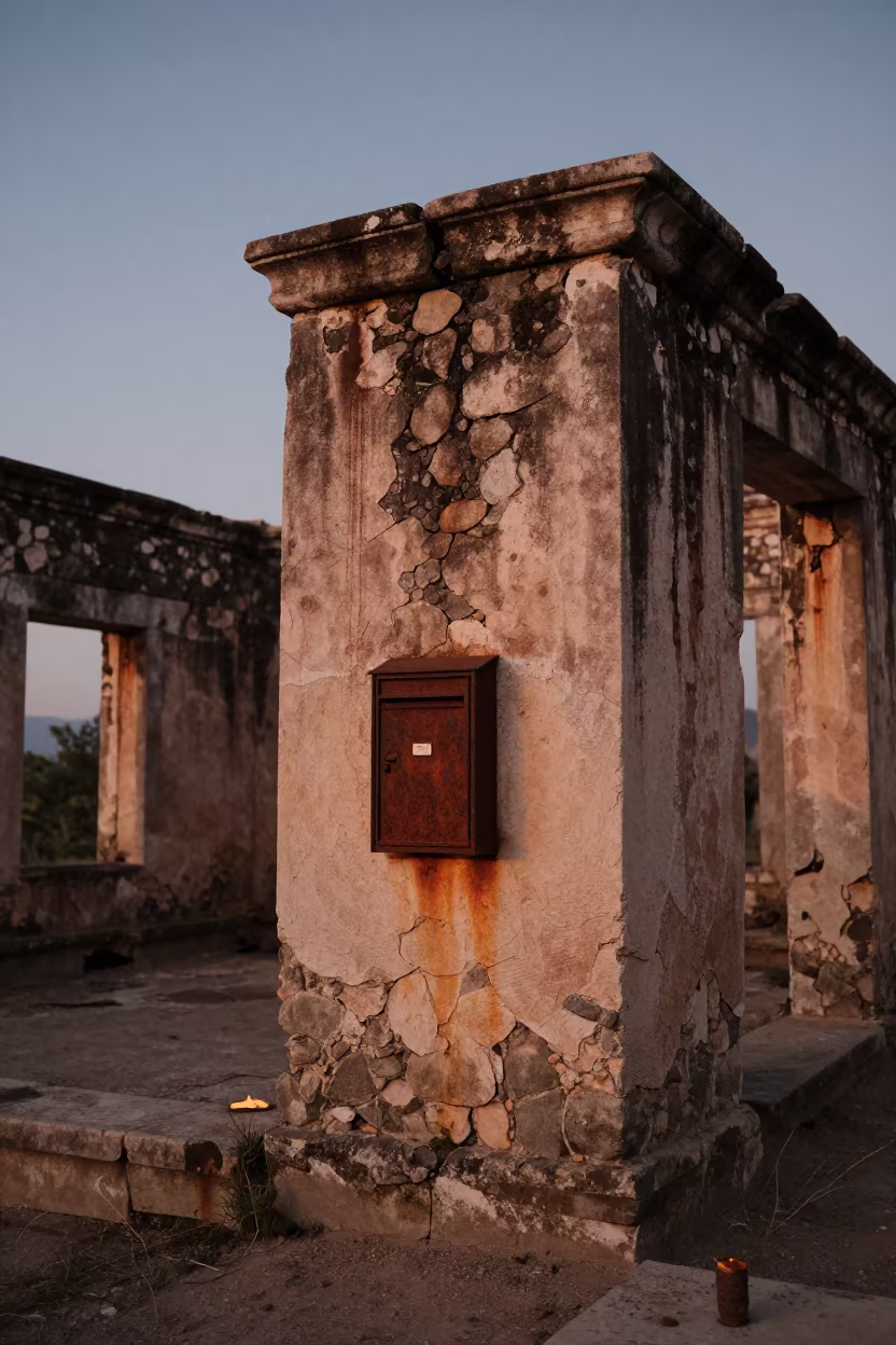 Rusted Postbox in Roofless Hammam Ruin in inside a roofless hammam in Guatemala
