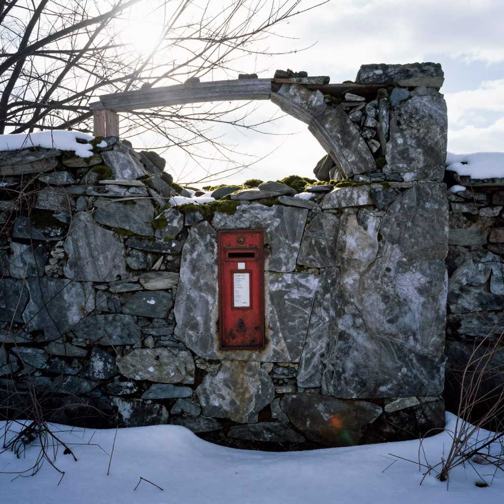Rusted Postbox in Winter Ruins Pennsylvania in beneath a broken stone arch in Pennsylvania