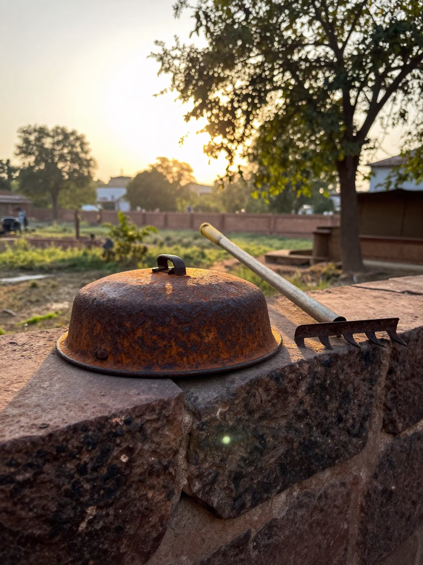 Rusted Pot Lid and Garden Rake in Jaipur Morning Sunlight After Sunrise in in Jaipur, India
