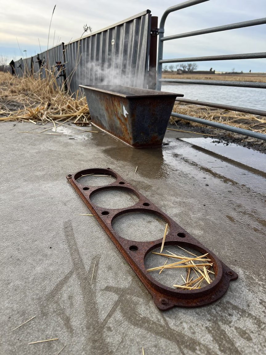 Rusted Pulsator Tin on Damp Concrete Saskatchewan in near a windbreak and water trough in Saskatchewan
