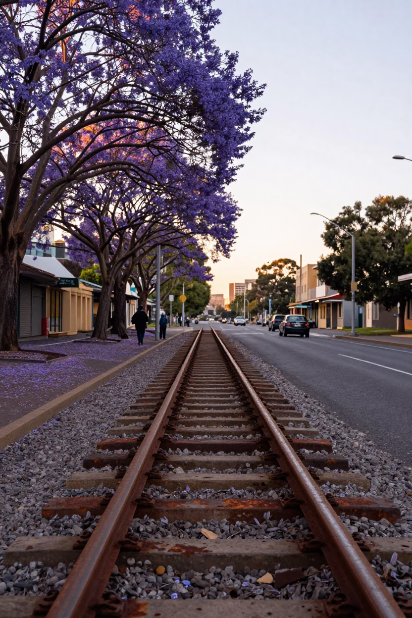 Rusted Rail and Jacaranda Bloom in Early Morning Adelaide Light in in Adelaide, South Australia, Australia