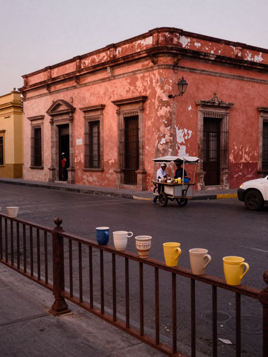 Rusted Railings and Ceramic Cups in Mexico City Before Dusk in in Mexico City, Mexico