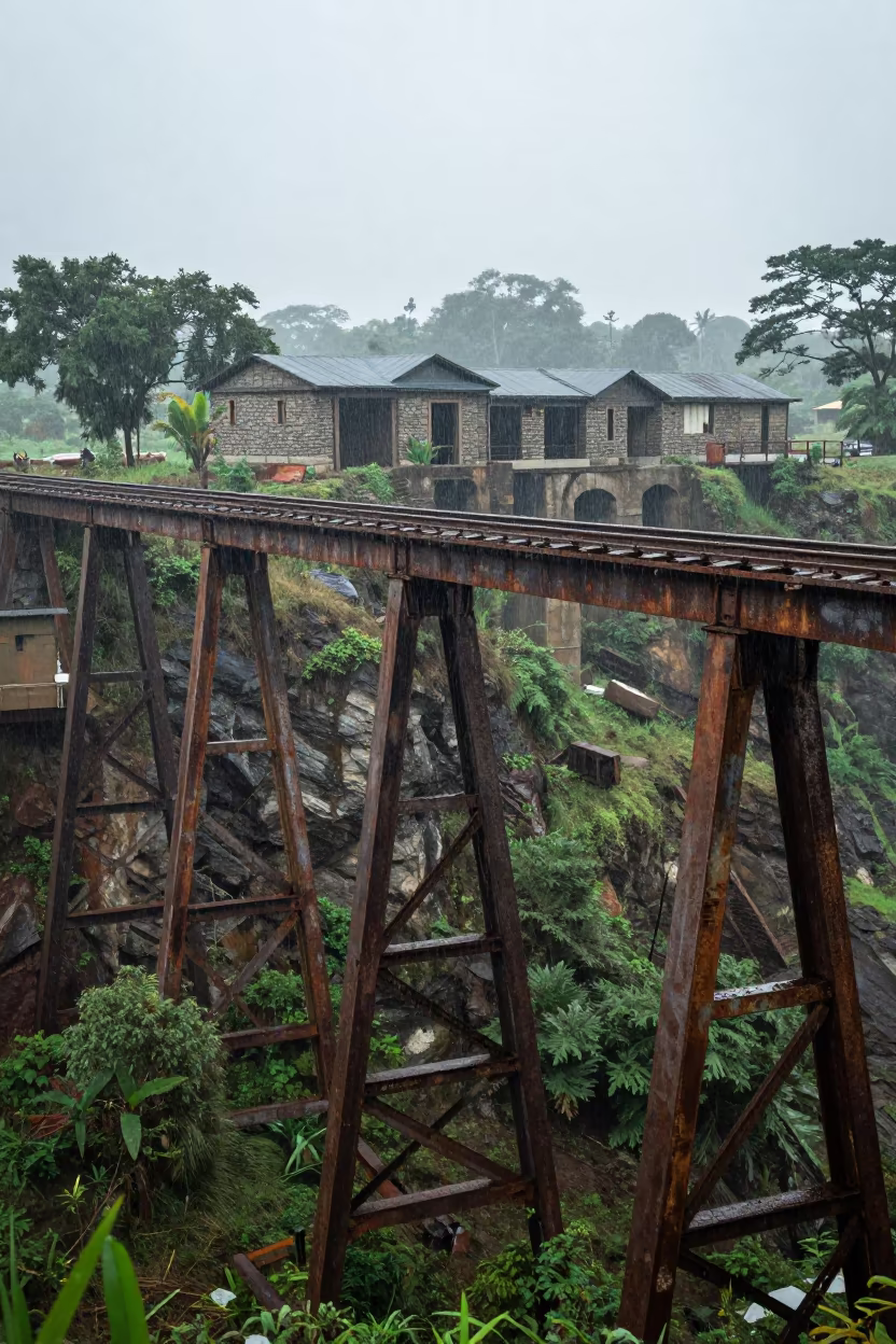 Rusted Railway Bridge Over Gorge in Rain in among roofless stone chambers in Central African Republic